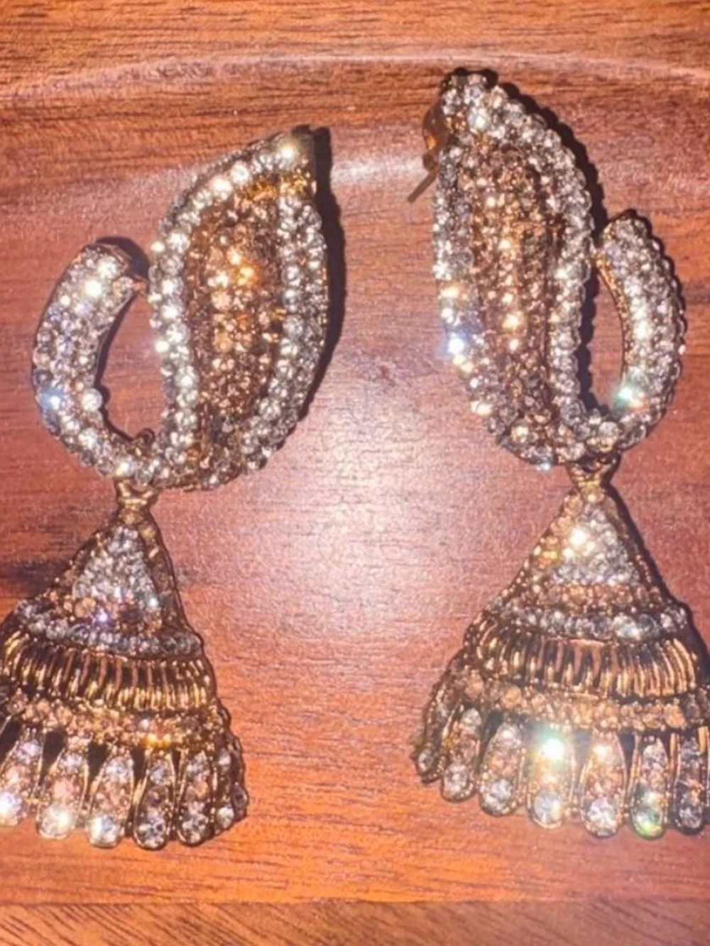 Gold Crystal Jhumka Drop Earrings - Sparkling Gold Tone